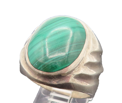 MEXICO 925 Silver  Vintage Scalloped Malachite Signet Ring Sz 10.75  RG26169