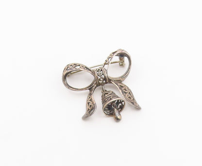 925 Sterling Silver  Vintage Bow Tied Ribbon Bell Brooch Pin (Jingles)  BP9211