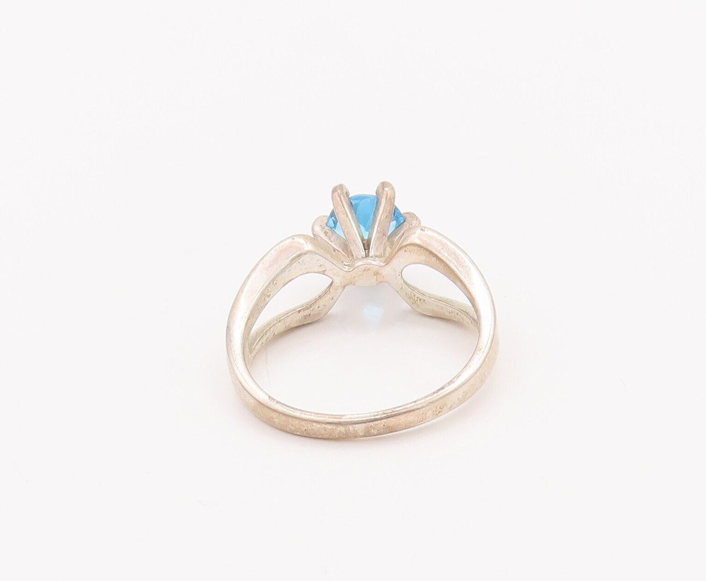 925 Sterling Silver Vintage Ring Designer Cutout Round Cut Blue CZ Sz 8 RG28190
