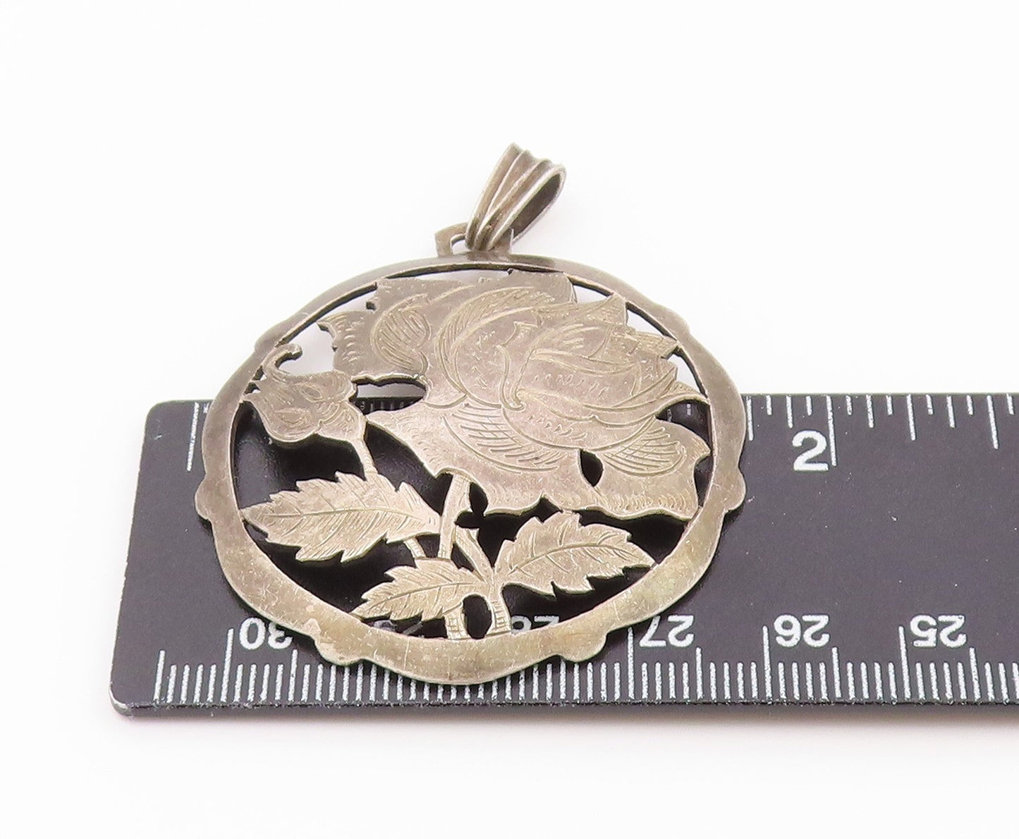 925 Sterling Silver Vintage Pendant Etched Openwork Floral Rose Medal  PT26464