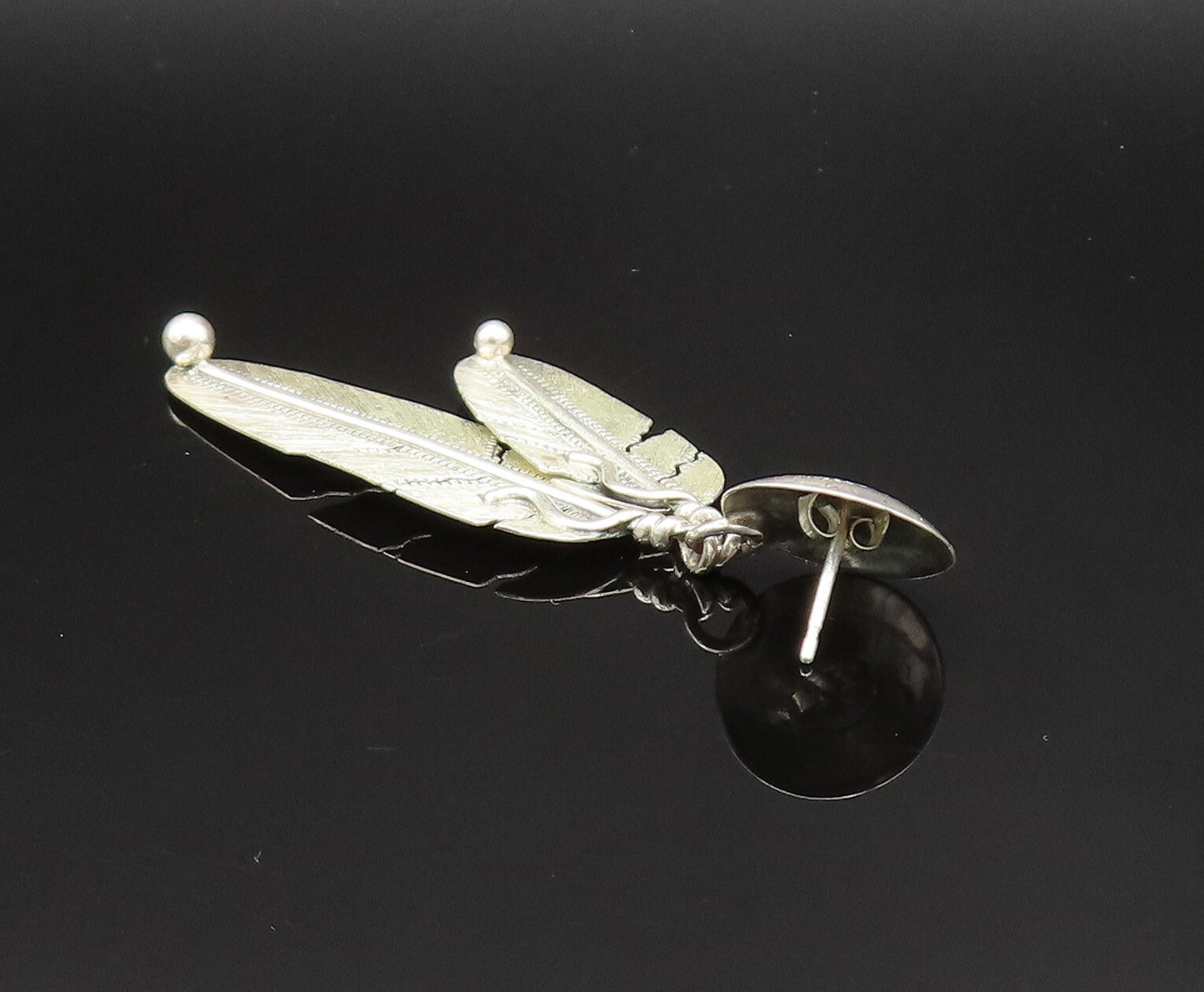 NAVAJO 925 Silver  Vintage Floral Dome & Etched Leaves Earrings  EG11834