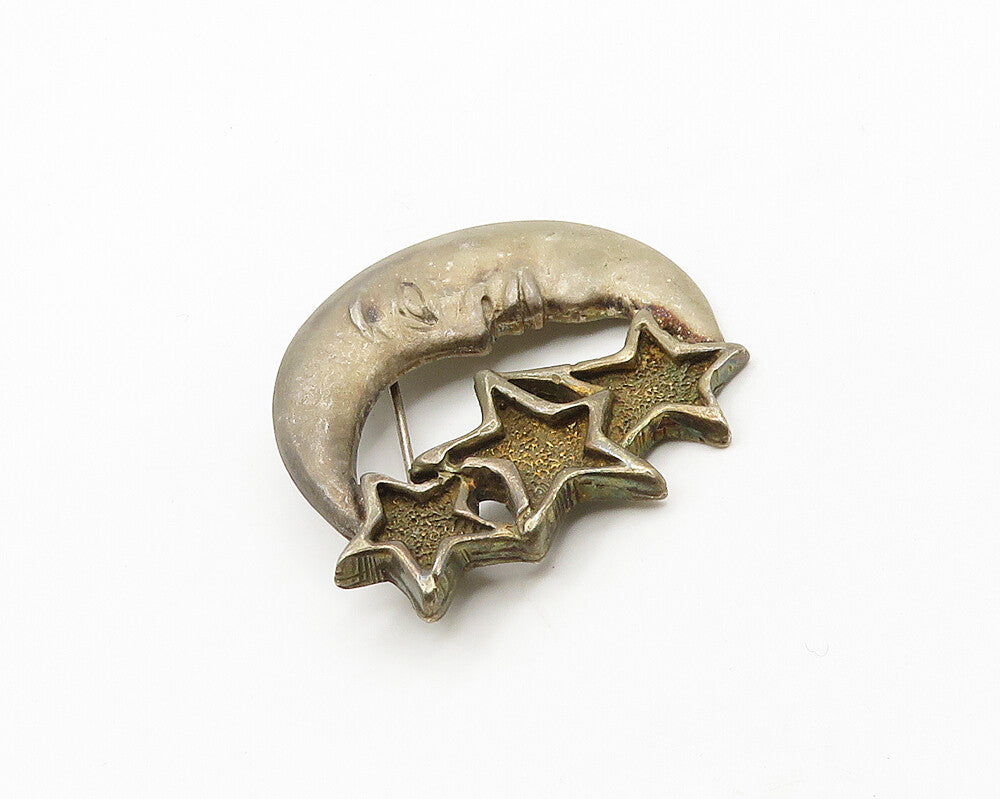 925 Sterling Silver  Vintage Crescent Moon Face & Stars Brooch Pin  BP7717