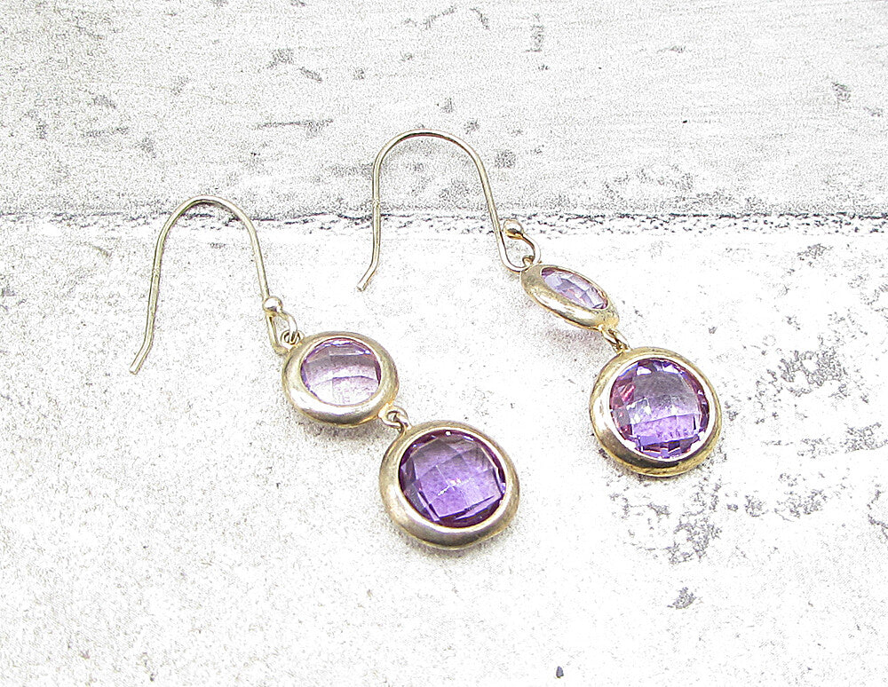 Gold Over 925 Sterling Silver Round Cut Faceted Amethyst Drop Earrings EG1192