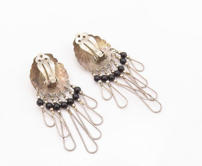 925 Sterling Silver Vintage Earrings NAVAJO Onyx Inlay Grooved Dangles  EG13427