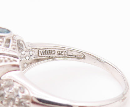 925 Sterling Silver Vintage Ring Elegant Blue Topaz & CZ Band  Sz 10  RG36562