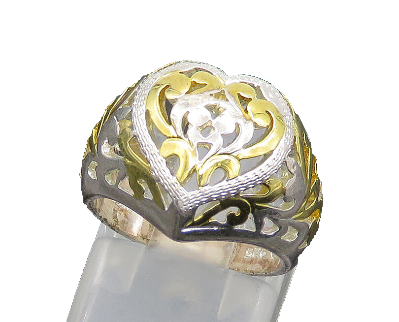 925 Silver   Vintage Shiny 2 Tone Love Heart Dome Band Ring Sz 5  RG20182