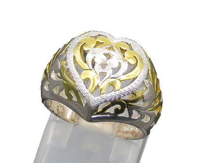 925 Silver   Vintage Shiny 2 Tone Love Heart Dome Band Ring Sz 5  RG20182