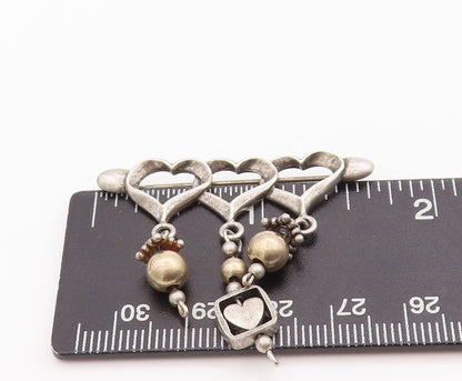 925 Sterling Silver Vintage Brooch Pin Cutout Hearts With Dangling Beads BP11104
