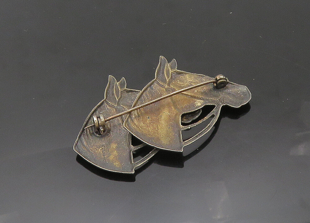 UNCAS 925 Sterling Silver  Vintage Antique Horse Heads Brooch Pin  BP8272