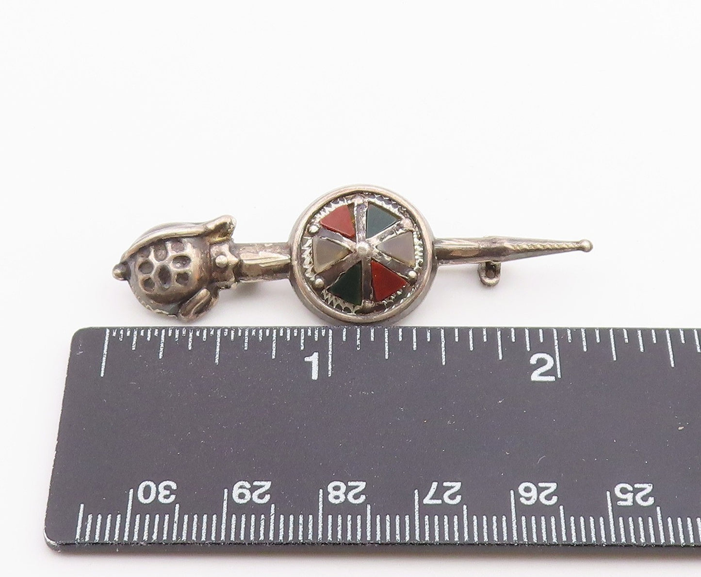 925 Sterling Silver Vintage Antique Carnelian Sword & Shield Brooch Pin BP8303