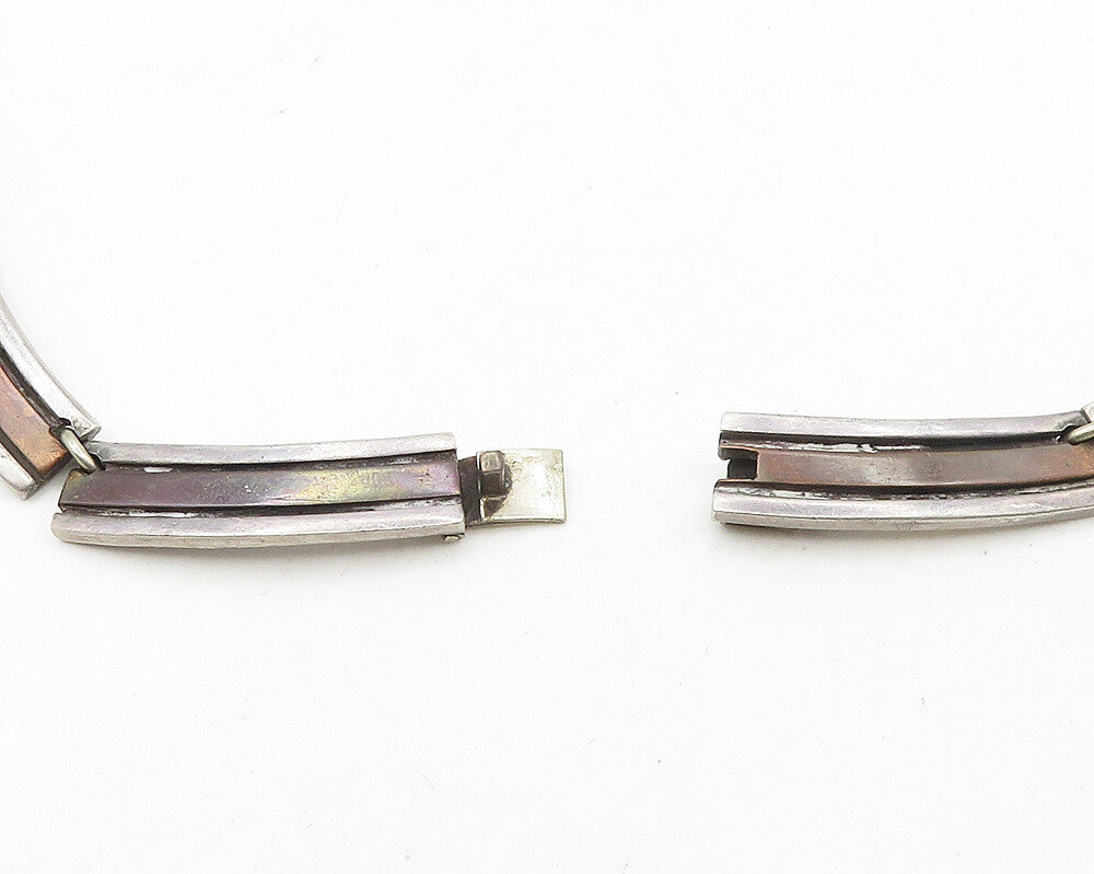MEXICO 925 Silver  Vintage Two Tone Curved Bar Link Collar Necklace  NE2946