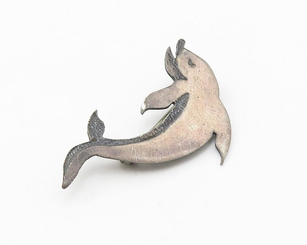 925 Sterling Silver  Vintage Oxidized Leaping Dolphins Brooch Pin  BP4204