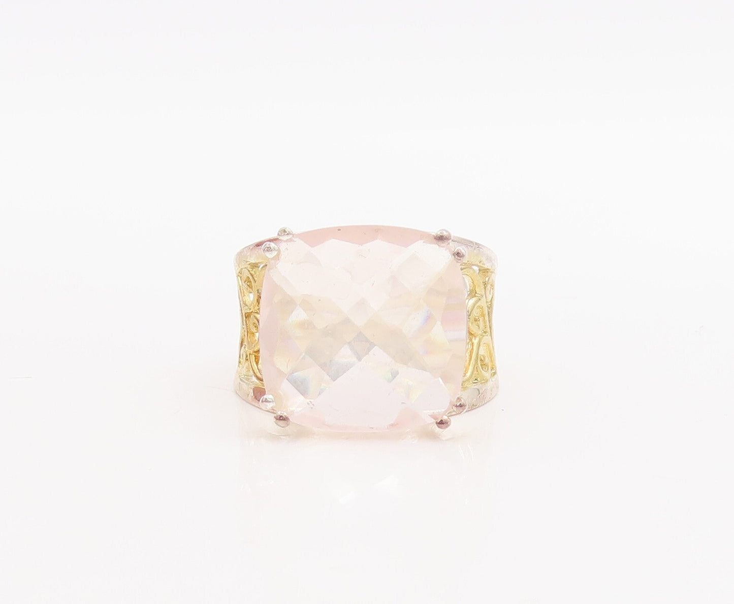 925 Sterling Silver Vintage Ring Gold Plated Swirly Cut Rose Quartz Sz 7 RG29226