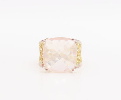 925 Sterling Silver Vintage Ring Gold Plated Swirly Cut Rose Quartz Sz 7 RG29226