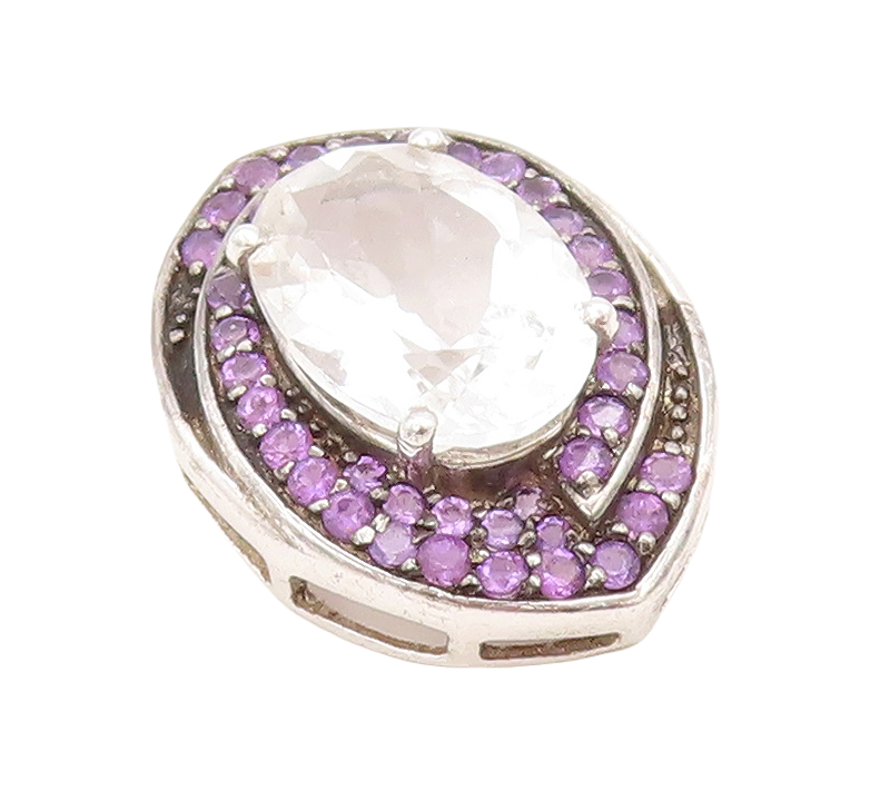 925 Sterling Silver Vintage Pendant Oval CZ Halo Amethyst Inlay Frame  PT23804