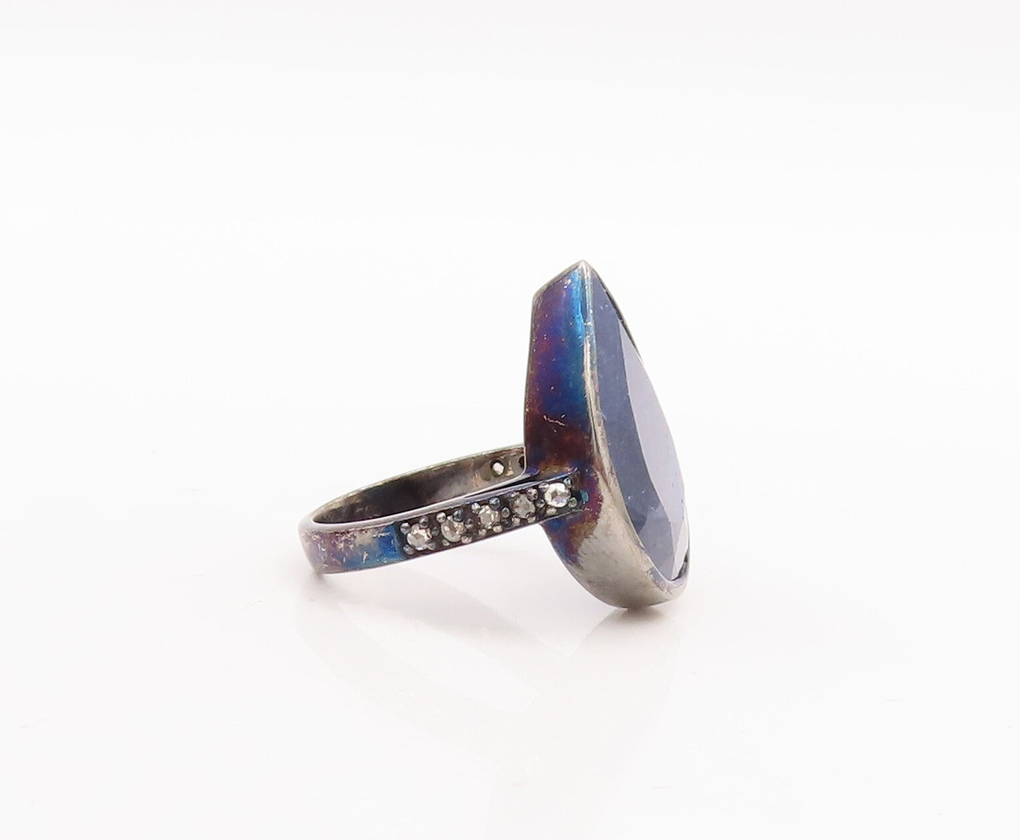 925 Sterling Silver Vintage Ring Drop Cut Blue Gemstone Diamonds  Sz 7  RG29174
