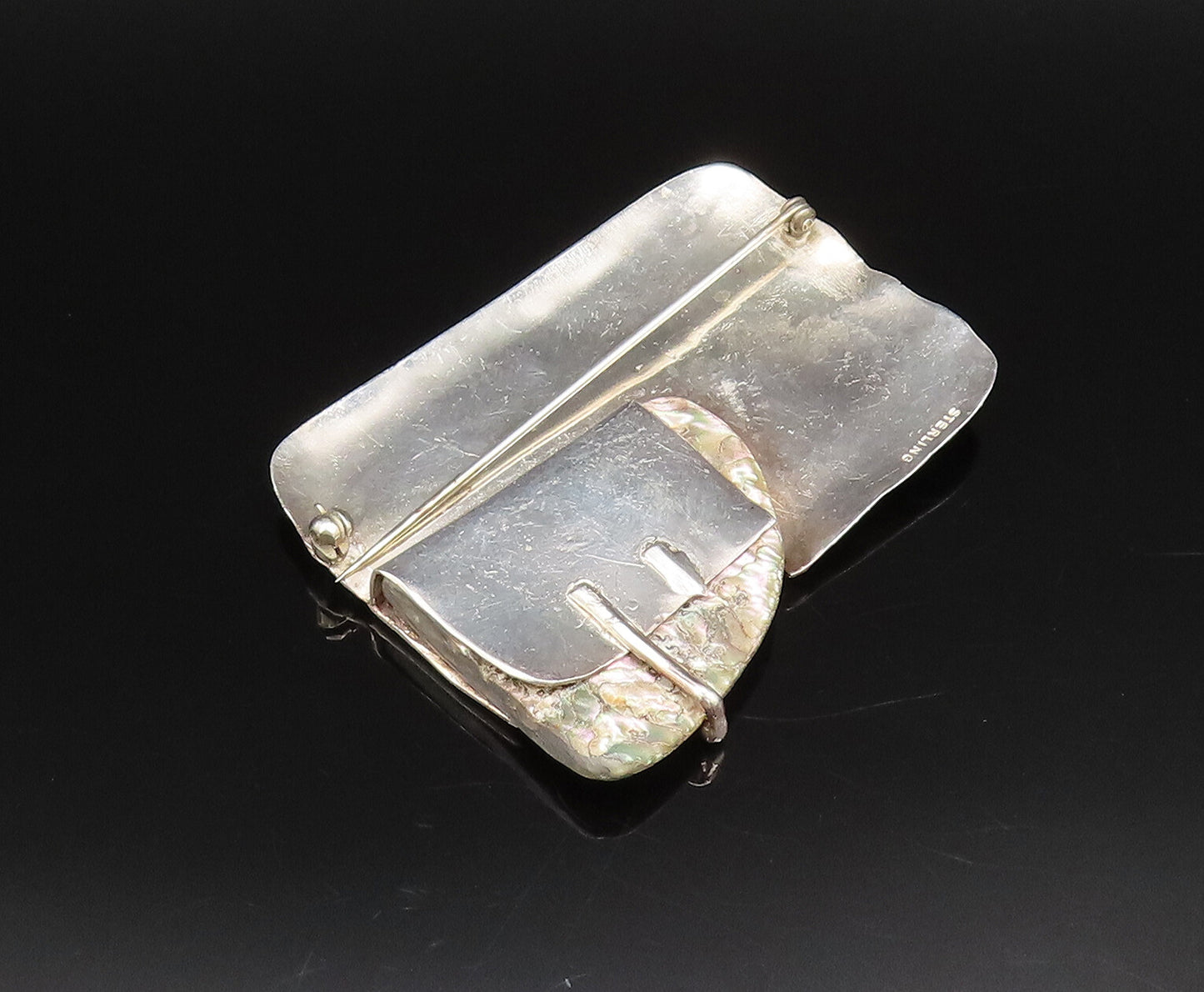 925 Silver  Vintage Modernist Mother Of Pearl Rectangle Brooch Pin  BP10002