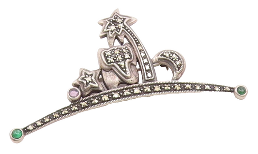 925 Silver  Vintage Chalcedony Onyx & Marcasite Elephant Brooch Pin  BP9782