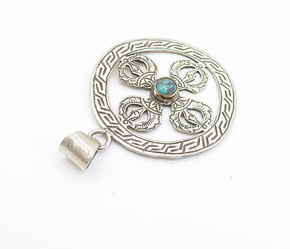 925 Sterling Silver  Vintage Petite Turquoise Greek Key Drop Pendant  PT5530