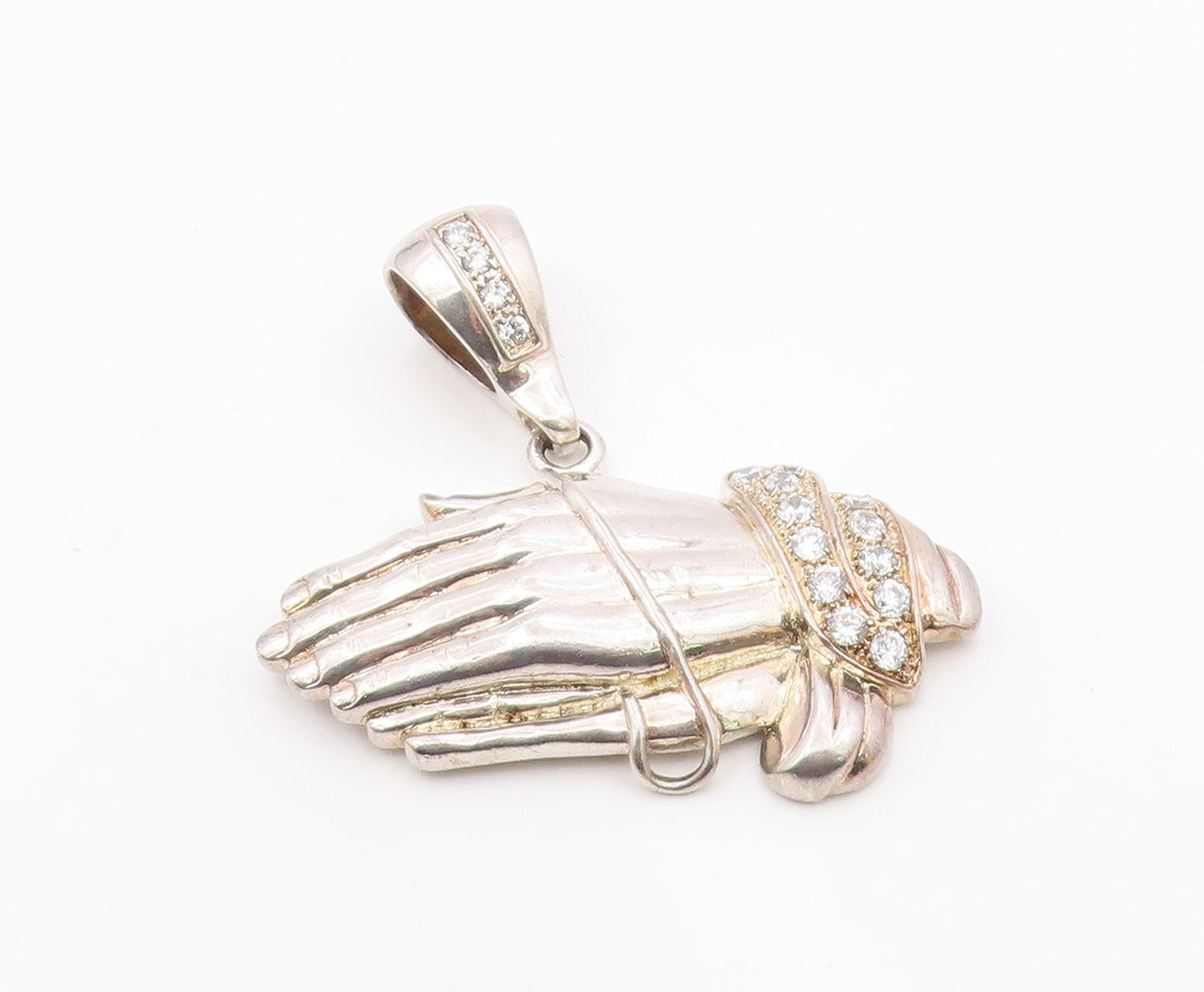 925 Silver  Vintage Cubic Zirconia Heavy Large Prayer Hands Pendant  PT19121