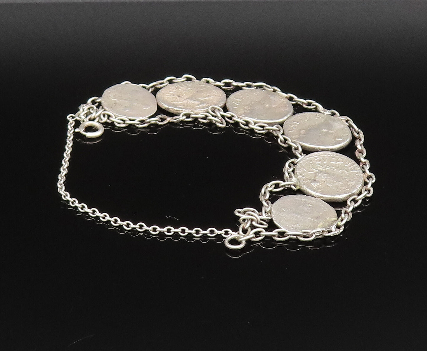 925 Sterling Silver  Vintage Double Chain Carved Coin Motif Bracelet  BT9547