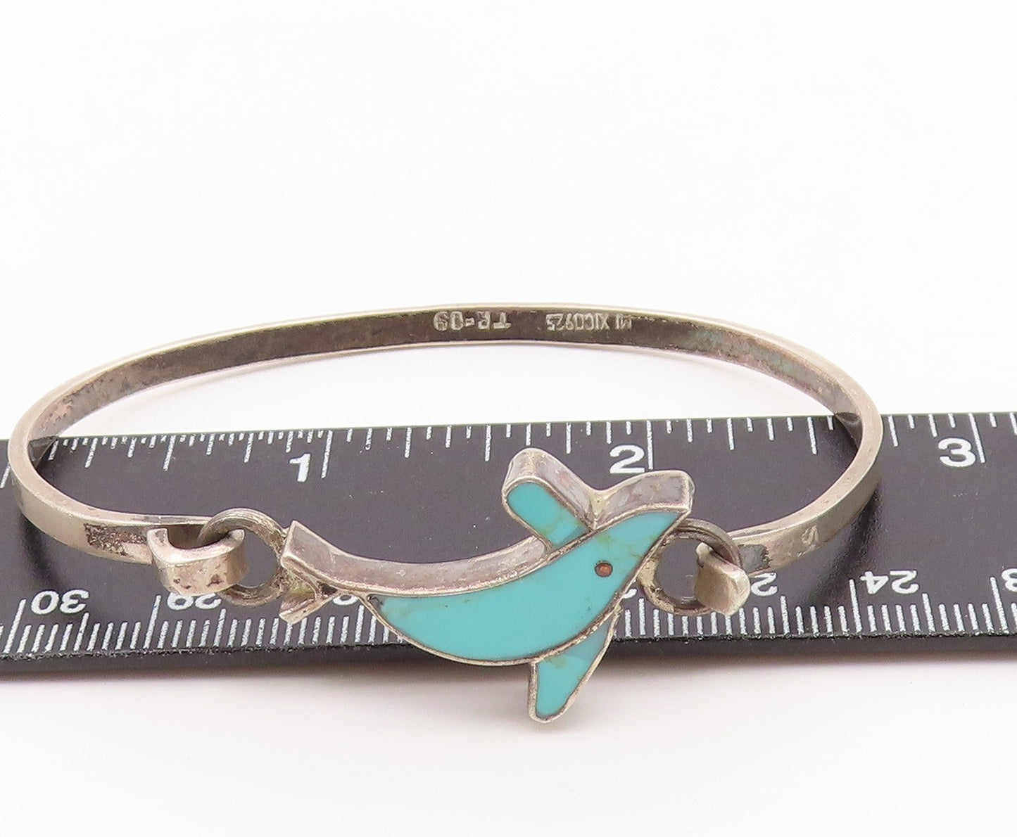 MEXICO 925 Silver  Vintage Turquoise Dolphin Hook Bangle Bracelet  BT9210