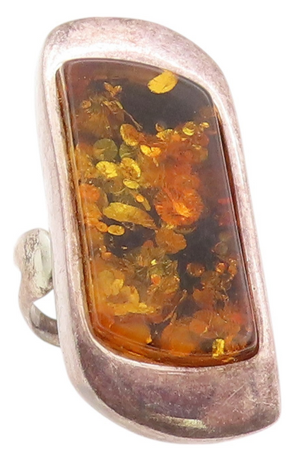 925 Sterling Silver Vintage Ring POLAND Designer Honey Amber  Sz 10  RG32780