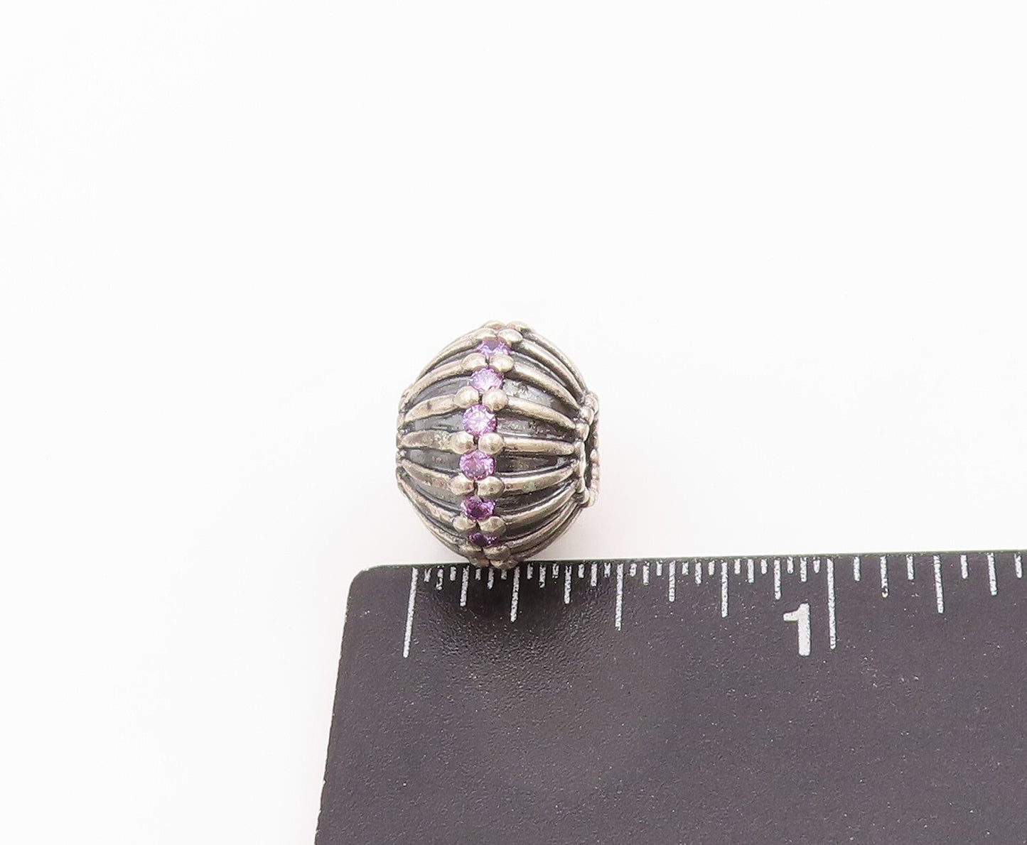 925 Sterling Silver Vintage Pendant PANDORA Amethyst Inlay Grooved Bead  PT24188