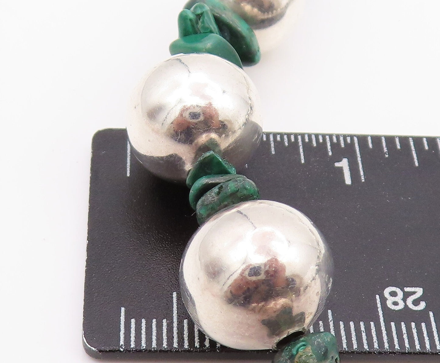 925 Sterling Silver Vintage Necklace MEXICO Beads & Malachite  NE4475