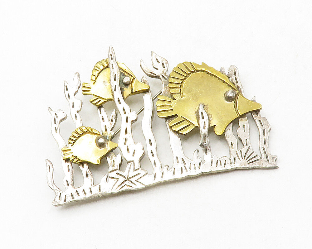 MEXICO 925 Silver  Vintage Two Tone Underwater Fish Scene Brooch Pin  BP4919