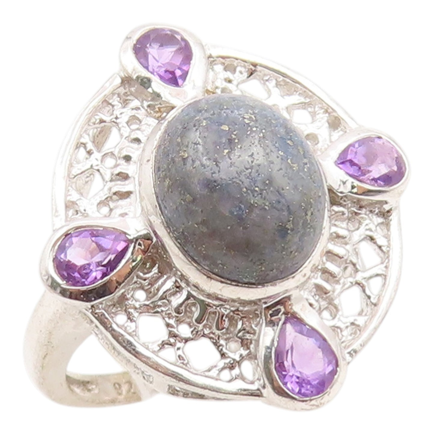 925 Sterling Silver Vintage Ring Amethyst & Gemstone Openwork Band Sz 7 RG36170