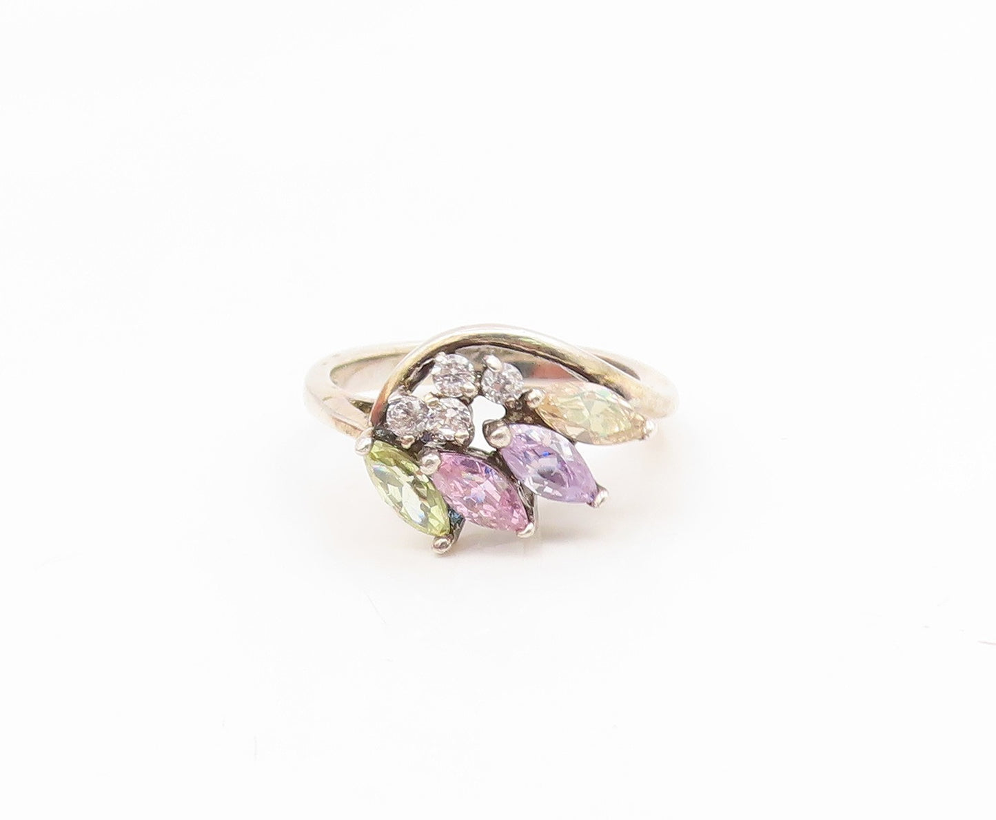 925 Sterling Silver Vintage Ring Marquise Cut Gemstone & CZ Band  Sz 6  RG35128
