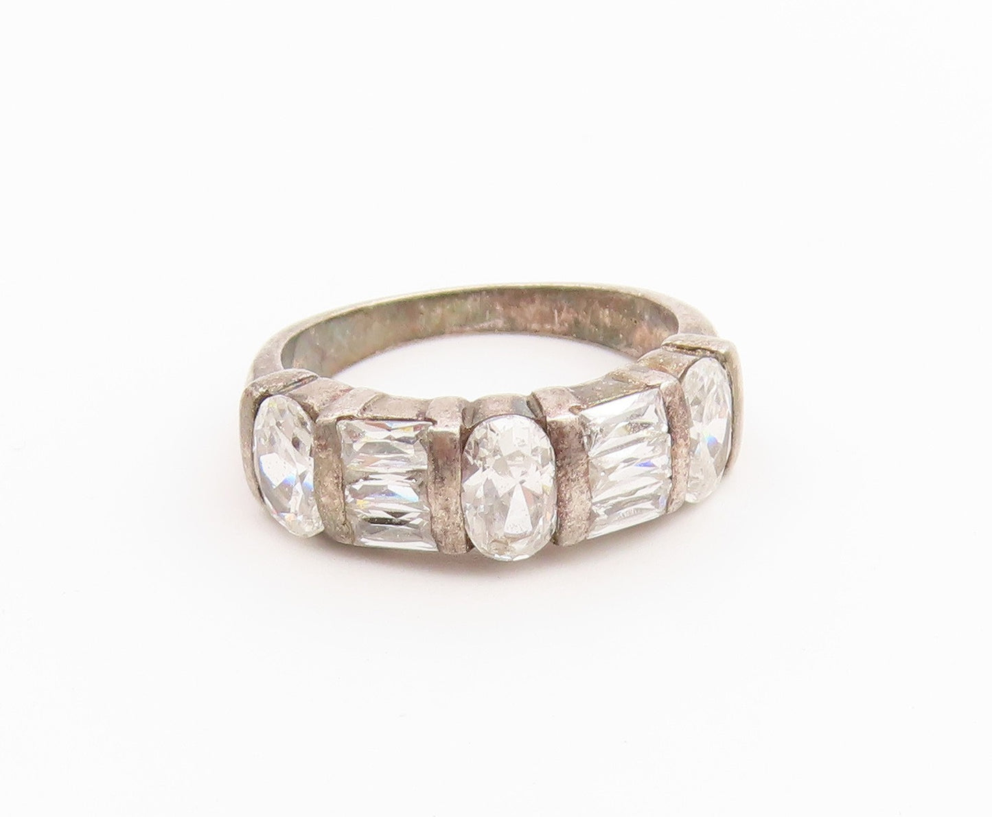 925 Sterling Silver Vintage Ring Modernist CZ Bar Segment Band  Sz 6  RG36848