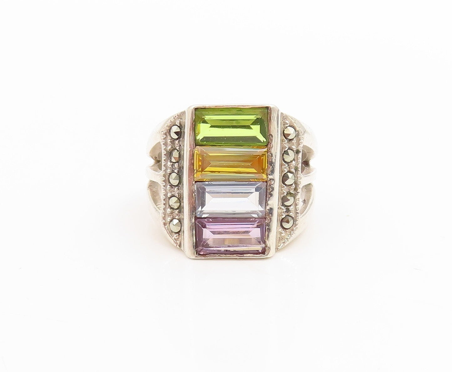 925 Sterling Silver Vintage Ring Multi Gemstone Geometric Design  Sz 6  RG33976