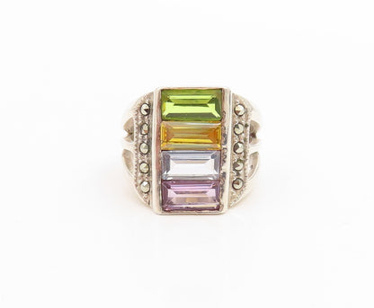 925 Sterling Silver Vintage Ring Multi Gemstone Geometric Design  Sz 6  RG33976