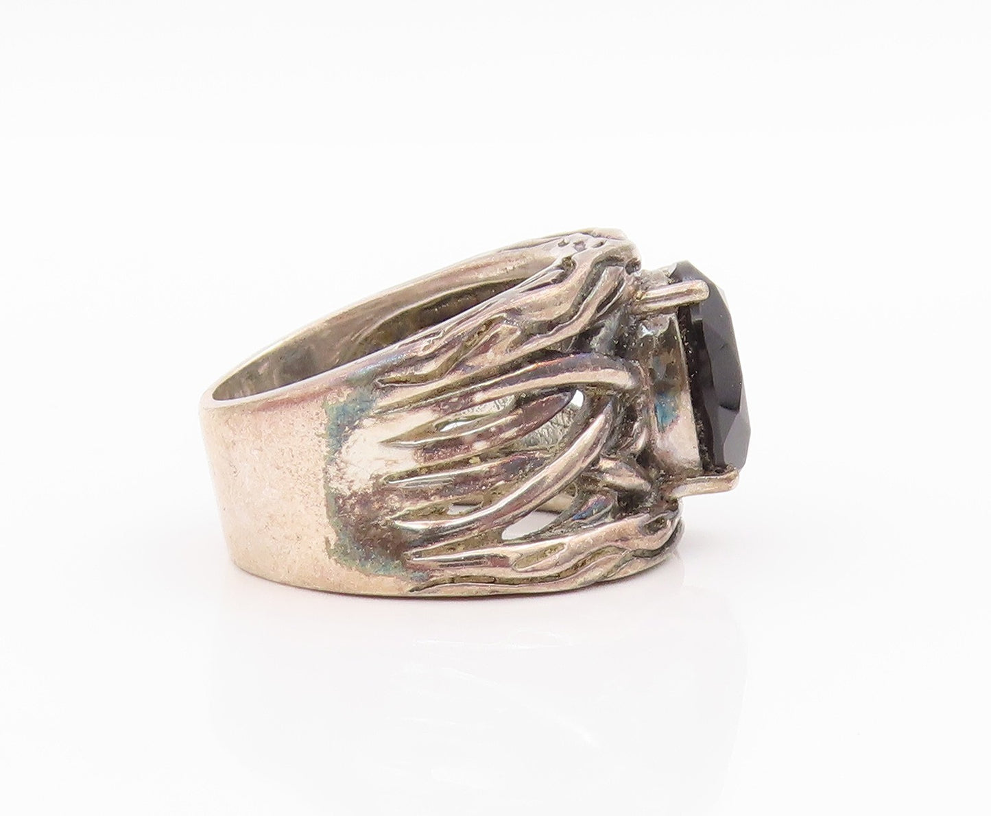 925 Sterling Silver Vintage Ring EFFY Brutalist Carved Oval Onyx  Sz 8  RG33247