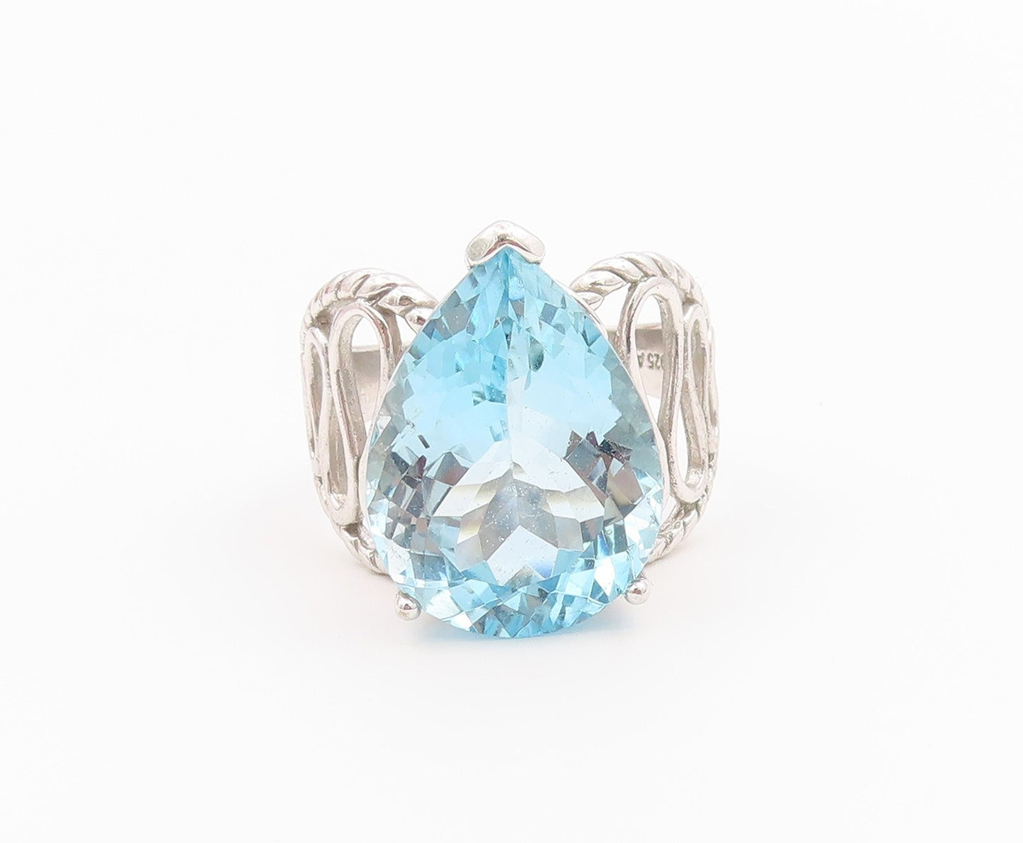 925 Sterling Silver Vintage Ring Pear Cut Blue Topaz Openwork Band Sz 11 RG36439