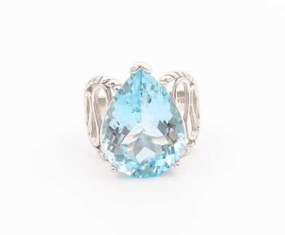 925 Sterling Silver Vintage Ring Pear Cut Blue Topaz Openwork Band Sz 11 RG36439