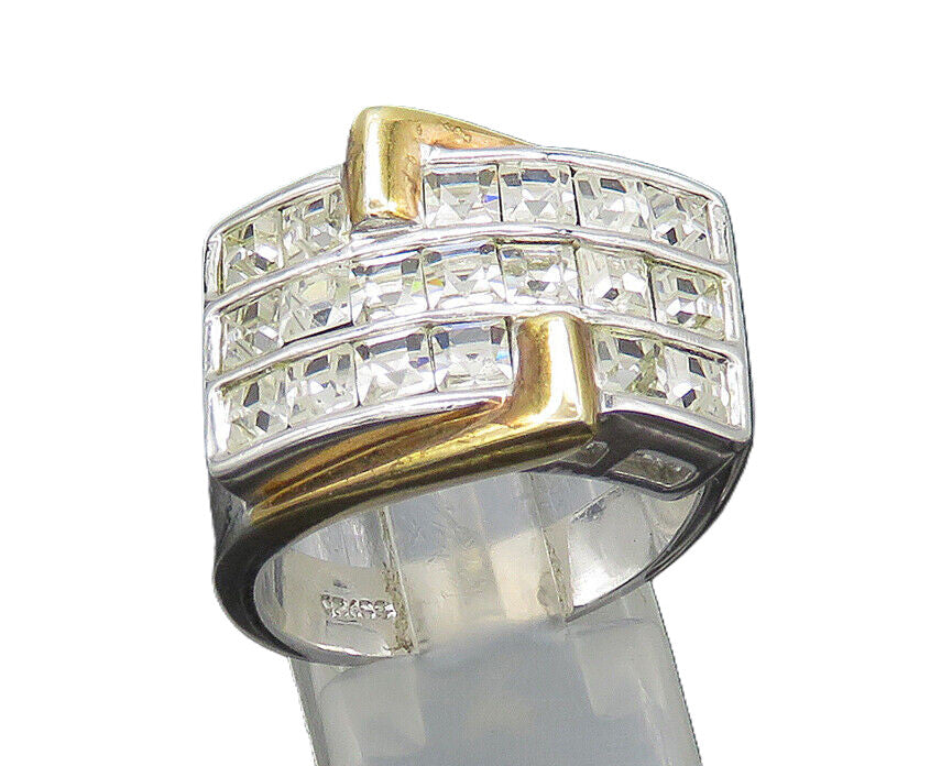 925 Silver  Vintage Sparkling Cubic Zirconia 2 Tone Band Ring Sz 9  RG20917