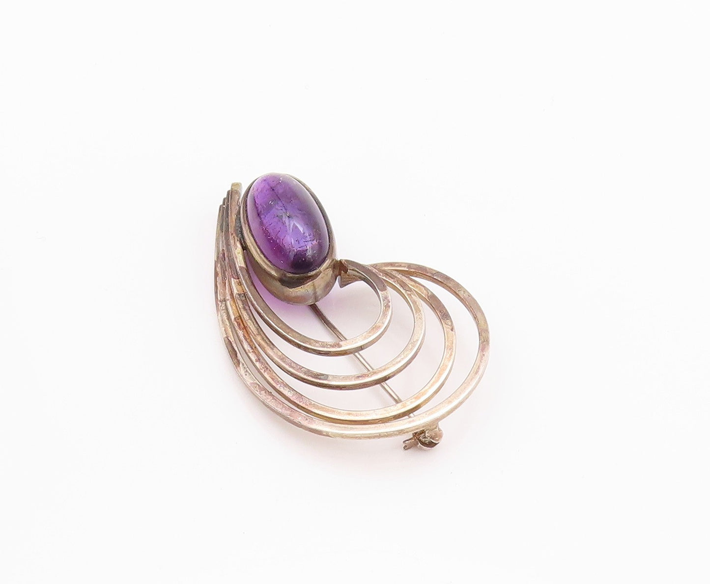 925 Sterling Silver Vintage Brooch Modernist Oval Amethyst Drop Cut Band BP11576
