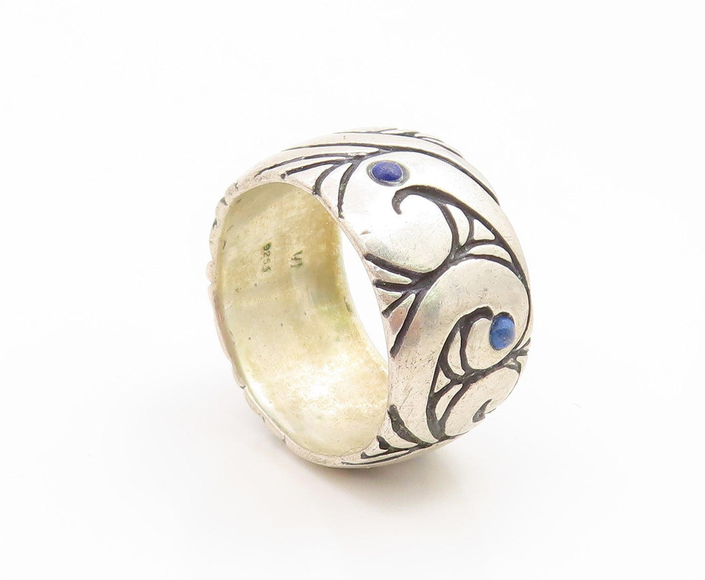 925 Sterling Silver Vintage Ring Lapis Lazuli Scrollwork Wide Band Sz 7 RG35241