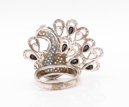 925 Sterling Silver Vintage Ring White Blue CZ & Spinel Peacock  Sz 9  RG32646