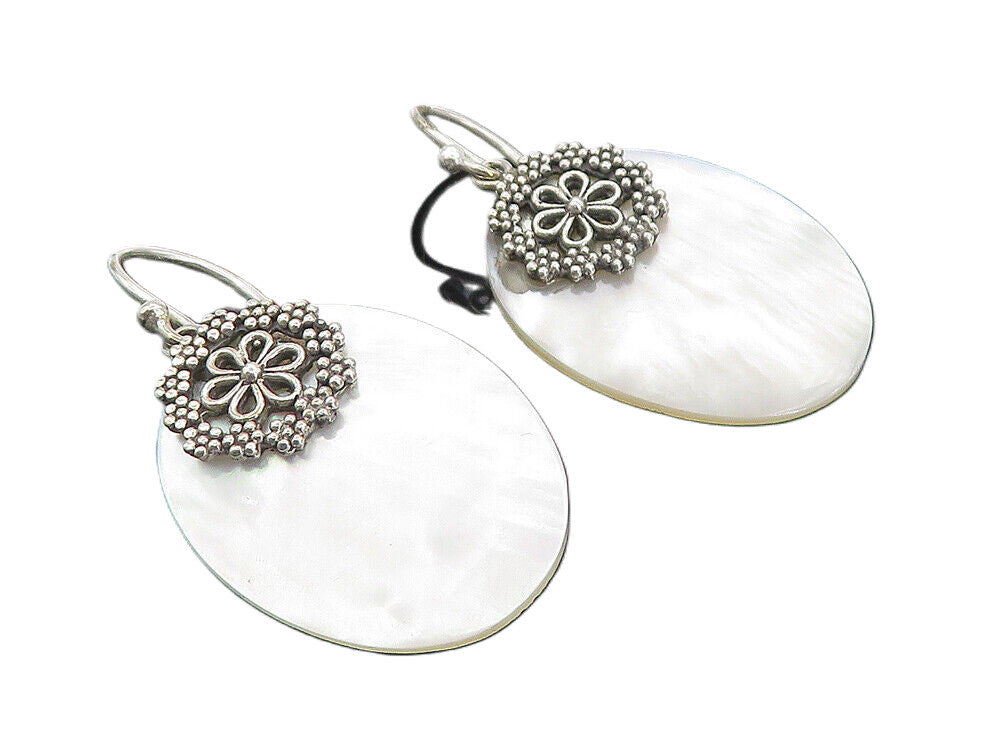 925 Sterling Silver  Mother Of Pearl Floral Detail Oval Dangle Earrings EG3313