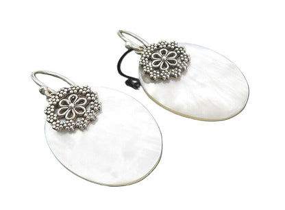 925 Sterling Silver  Mother Of Pearl Floral Detail Oval Dangle Earrings EG3313