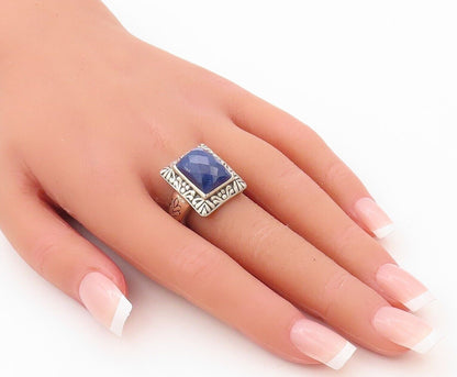 925 Sterling Silver Vintage Ring Blue Gemstone Swirly Carved Frame Sz 8  RG30279