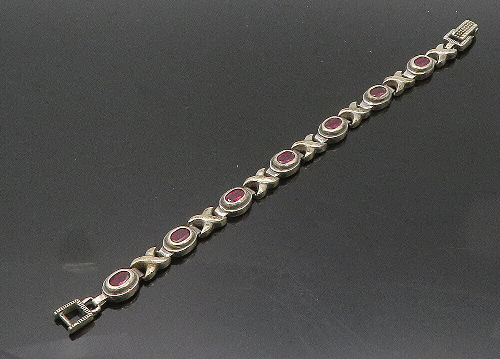 925 Sterling Silver  Vintage Pink Topaz XO Hugs & Kisses Chain Bracelet BT7982