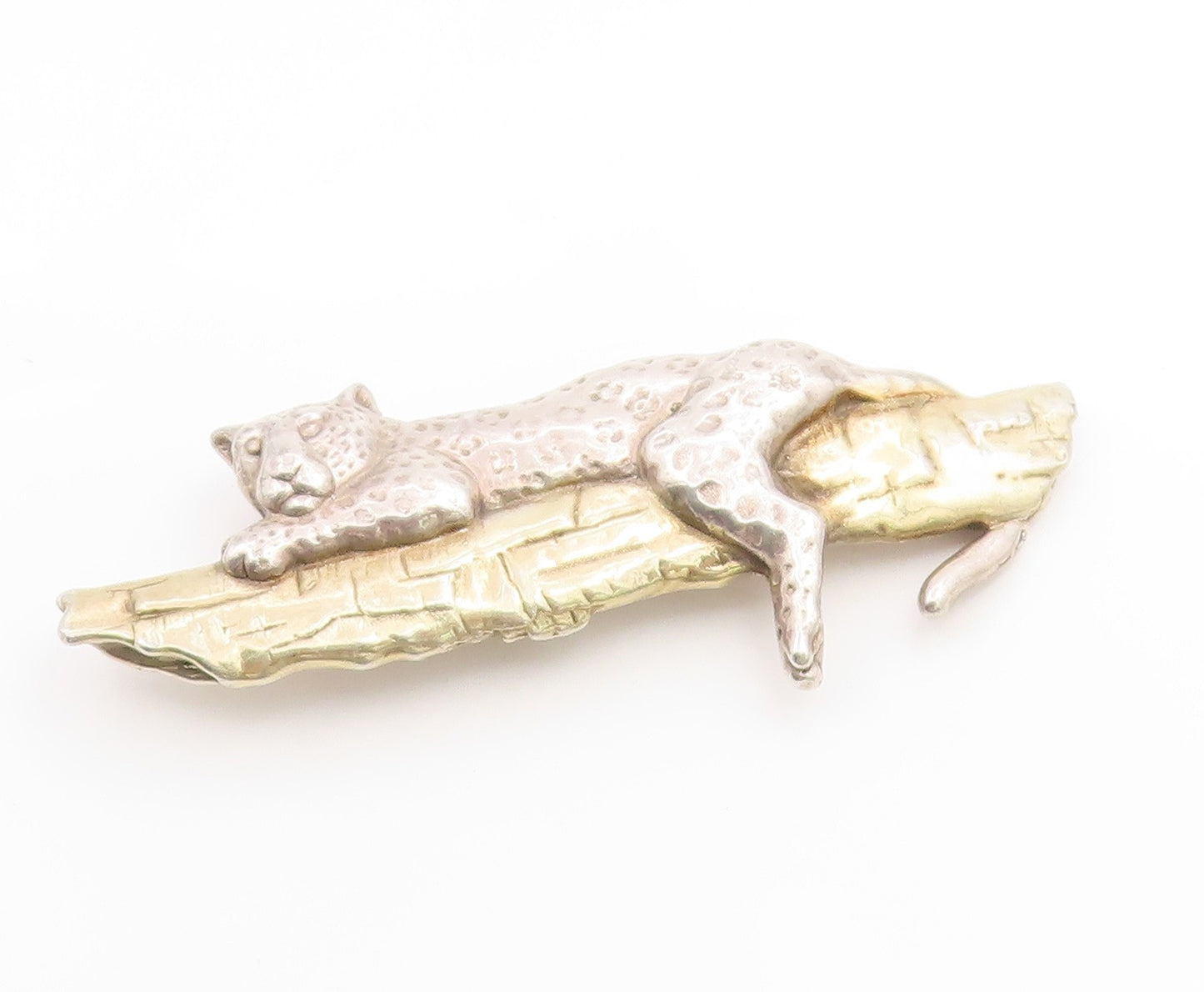 925 Sterling Silver Vintage Brooch Pin Two Tone Leopard On Tree Branch  BP12270
