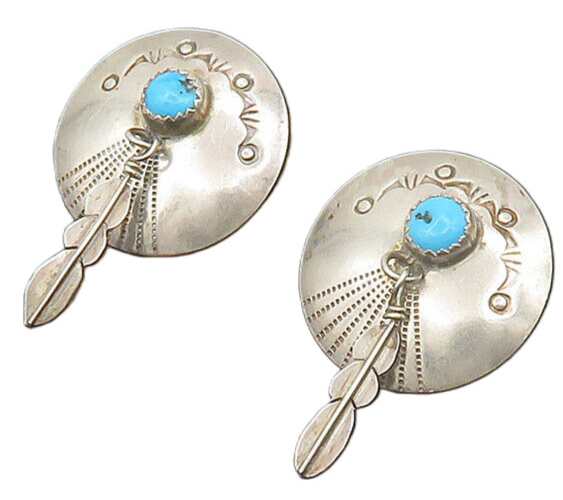NAVAJO 925 Silver  Vintage Cabochon Turquoise Feather Drop Earrings  EG9636
