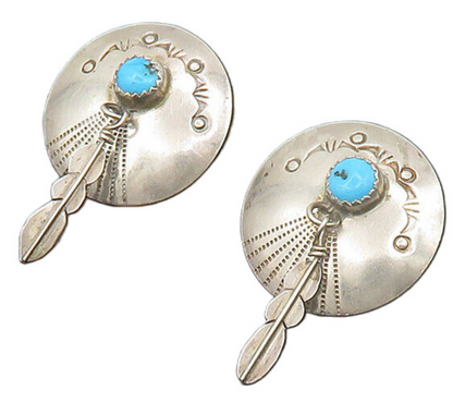 NAVAJO 925 Silver  Vintage Cabochon Turquoise Feather Drop Earrings  EG9636