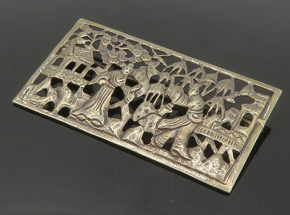 925 Sterling Silver  Vintage Cutout People Scene Square Brooch Pin  BP5624